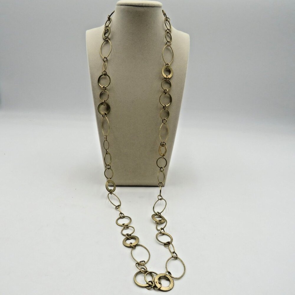 Vintage Gold Tone Long Statement Necklace Oval Circle Link Chain Adjustable‎